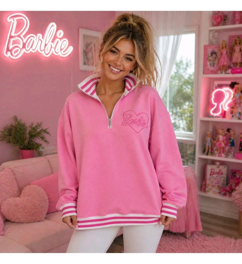 Barbie Pink White Varsity Style Pullover 1/4 Zip Embroidered Sweatshirt, Size XL